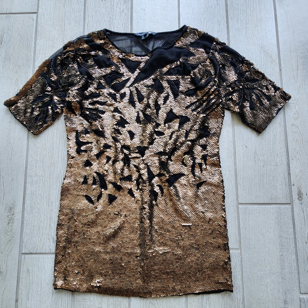 French Connection Black Dress With Copper Sequin Mesh Sleeves And Black Lace